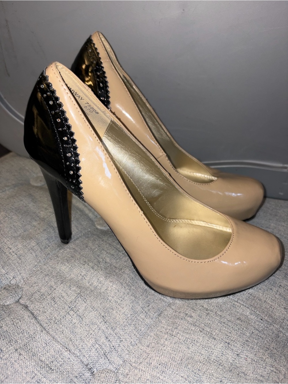 Kardashian Kollection Nude and Black Patent Stud-Trim Pumps